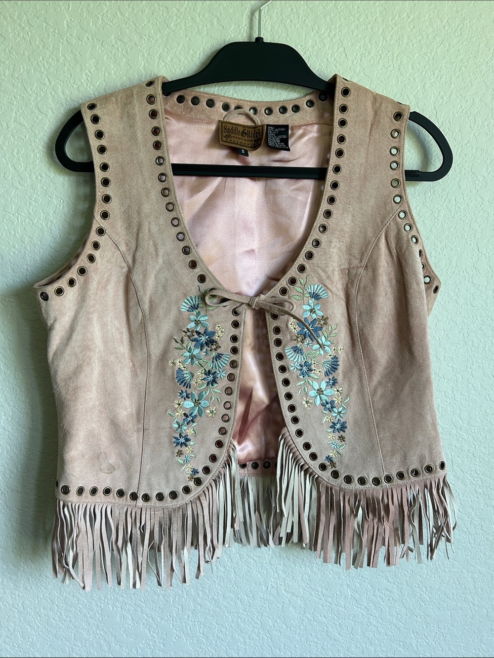 Blush Pink Suede Fringe Vest with Blue Floral Embroidery